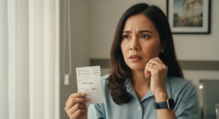 Wanita memegang hasil tes gula darah puasa 110 mg/dL di klinik Semarang